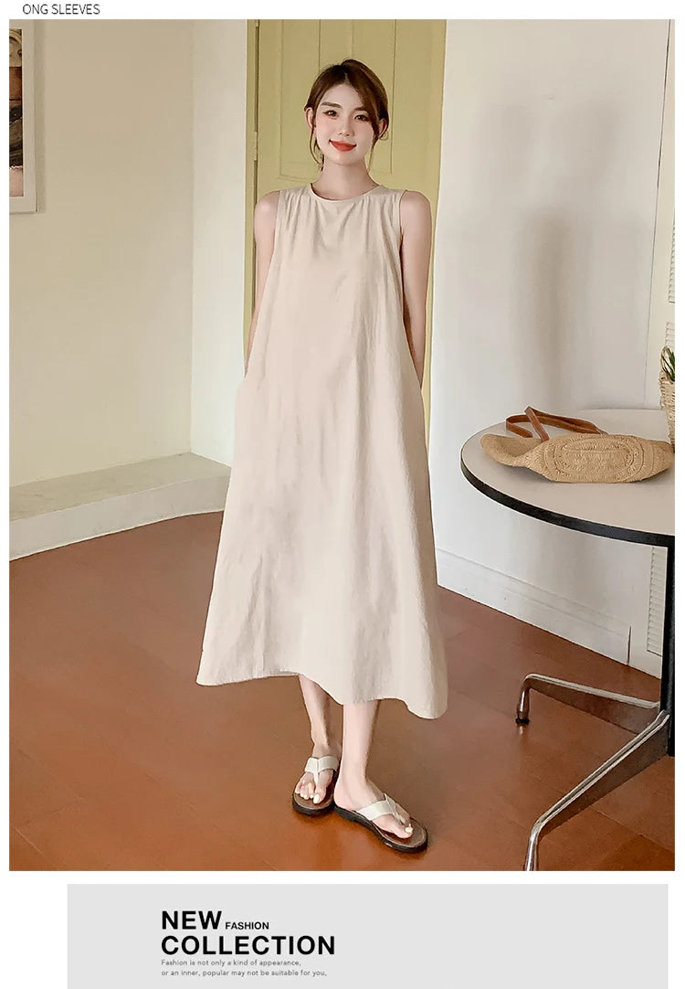 NYFS 2025 Summer New Korea Woman Dress Vestidos Robe Elbise Loose Plus Size Solid Sleeveless Backless Long Dress L-4XL
