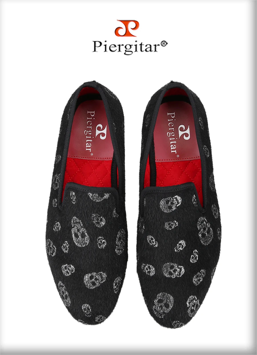 Piergitar New Style Black Horsehair Sliver Skull Embossed Men Shoes For Party Slip-On Loafers Smoking Slipper Men Flat Plus Size