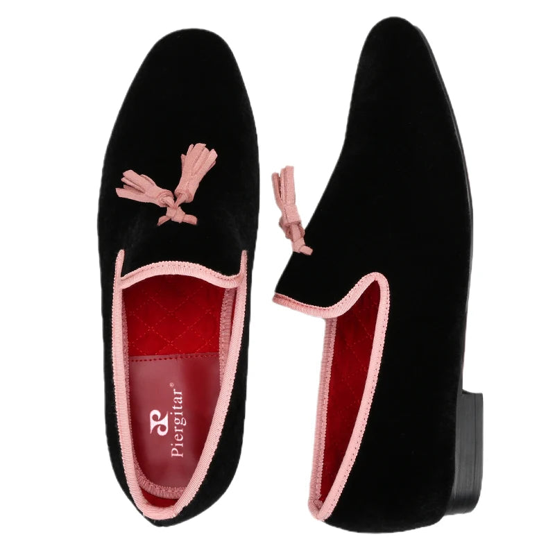 Piergitar 2023 Classic Black Velvet Slip-On Slippers Shoes Handmade Pink Suede Men's Loafers For Party And Wedding Plus Size