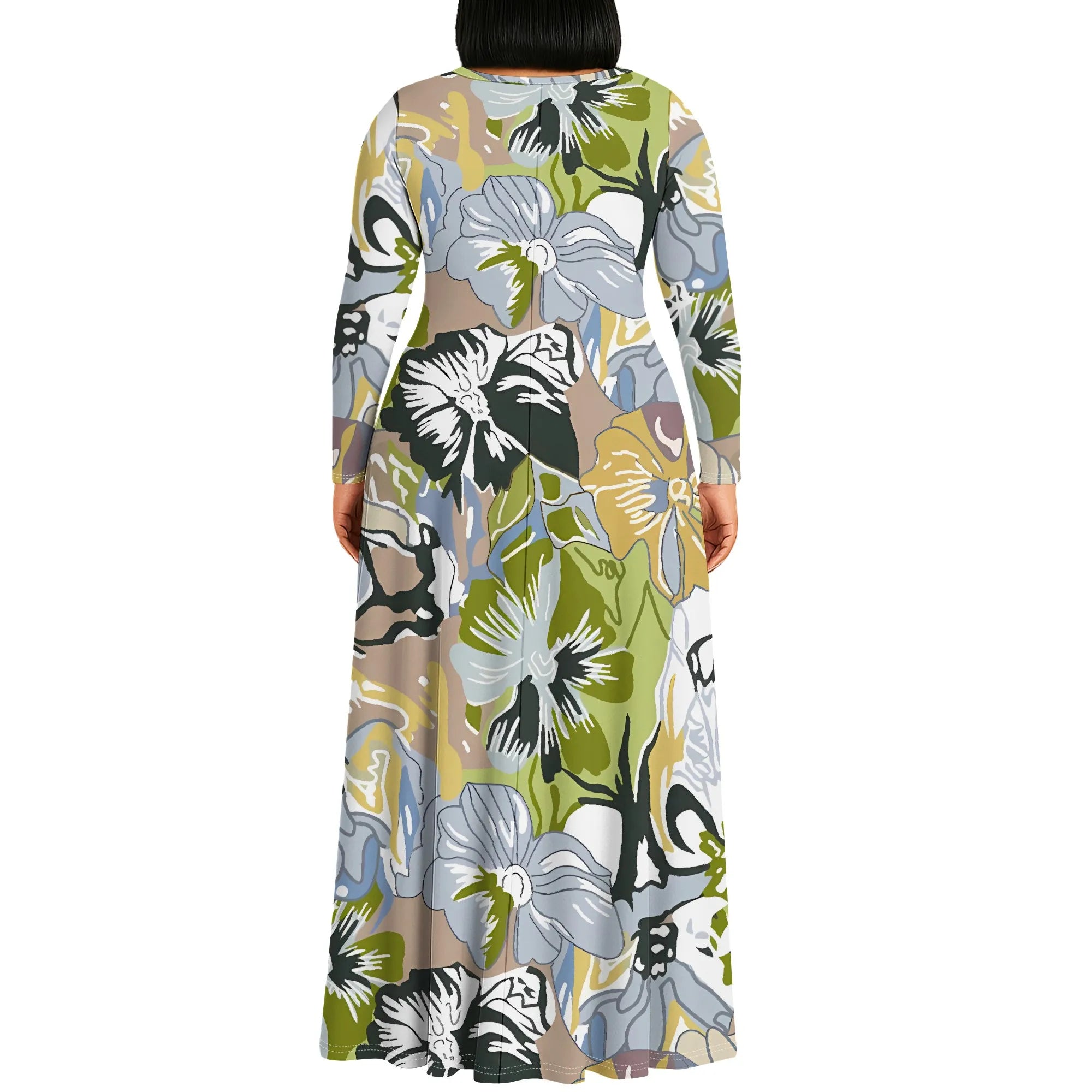 Plus Size Green Floral Print Maxi Dress Long Sleeve Comfortable Everyday Look