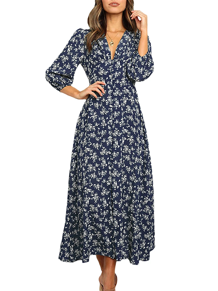 Women's Summer Bohemian Floral Print Long Maxi Dress Retro 3/4 Sleeve V-Neck Button Down High Waist Sundress Streetwear