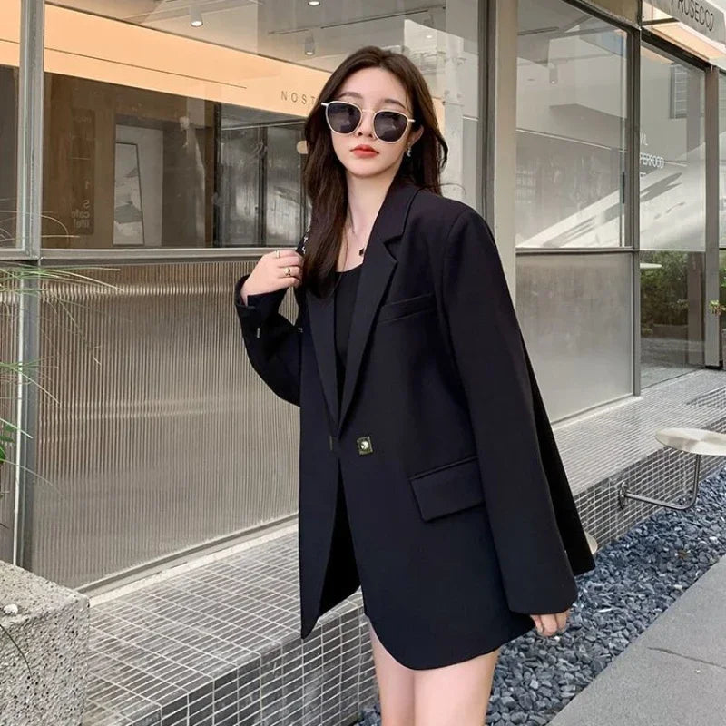 Long Women's Blazers Loose Jacket Dress Clothing Female Coats and Jackets Solid Over Black Youthful Woman Clothes New Outerwear