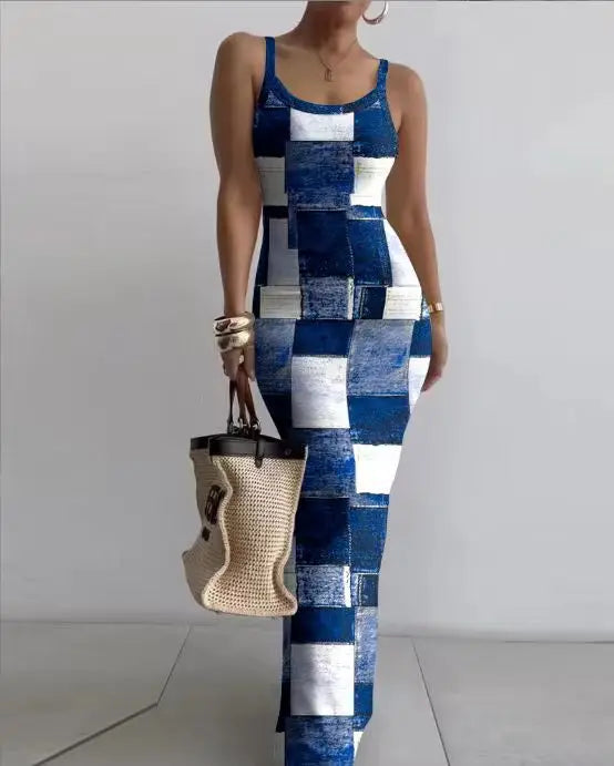 Gradient Printed Long Dress Summer New Women's Fashionable Printed Sexy Sleeveless Suspender Slim Fit Hip Hugging Long Dress