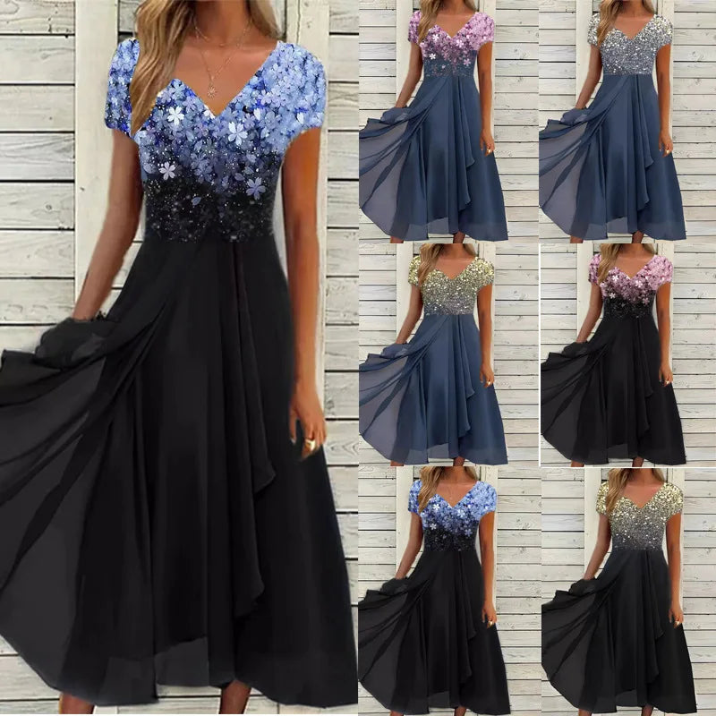 Women'S Dress Chiffon Elegant Lace Patchwork Dress Cut-Out Long Dress Bridesmaid Evening Dress Vestidos 2025