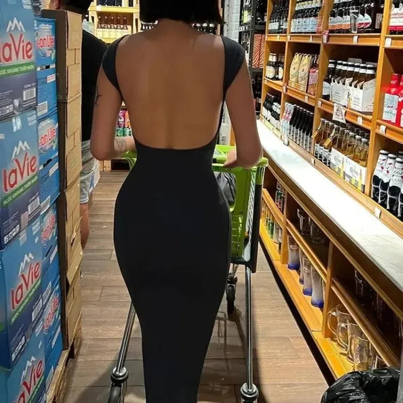 Women's Solid Sexy Backless Maxi Dress Elastic Short Sleeve Long Dresses