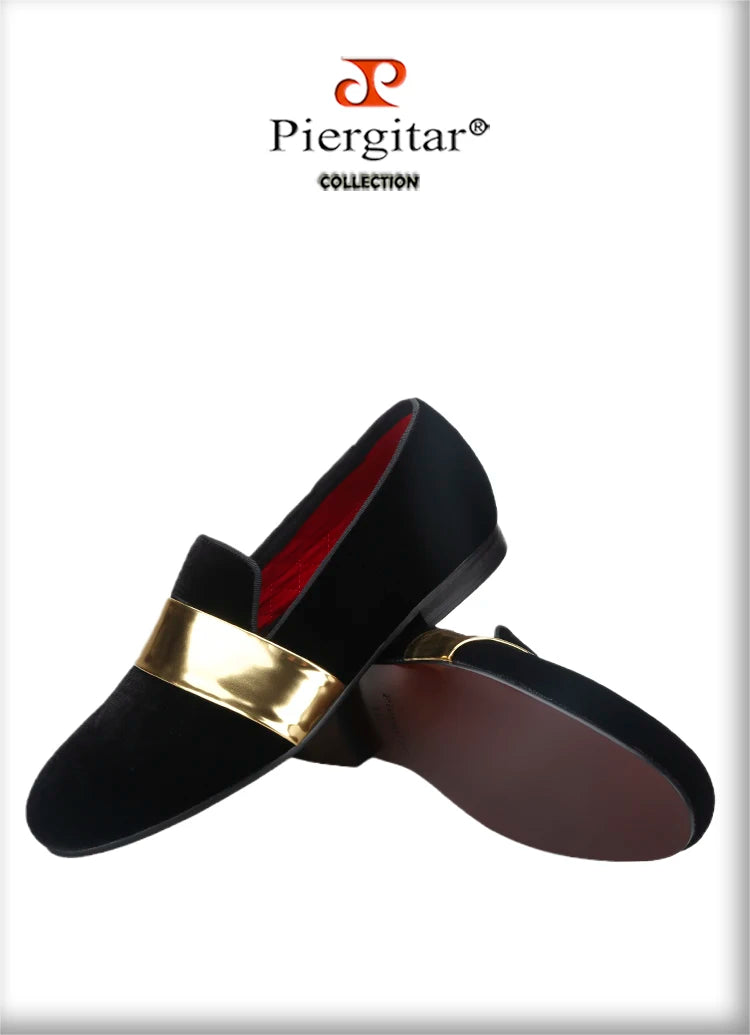 Piergitar New Style Handmade Men Velvet Loafers With Gold Patent Leather Crossbands Fashion Party And Wedding Male Dress Shoes