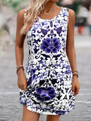 Floral Pattern Printed Round Neck Sleeveless Dress