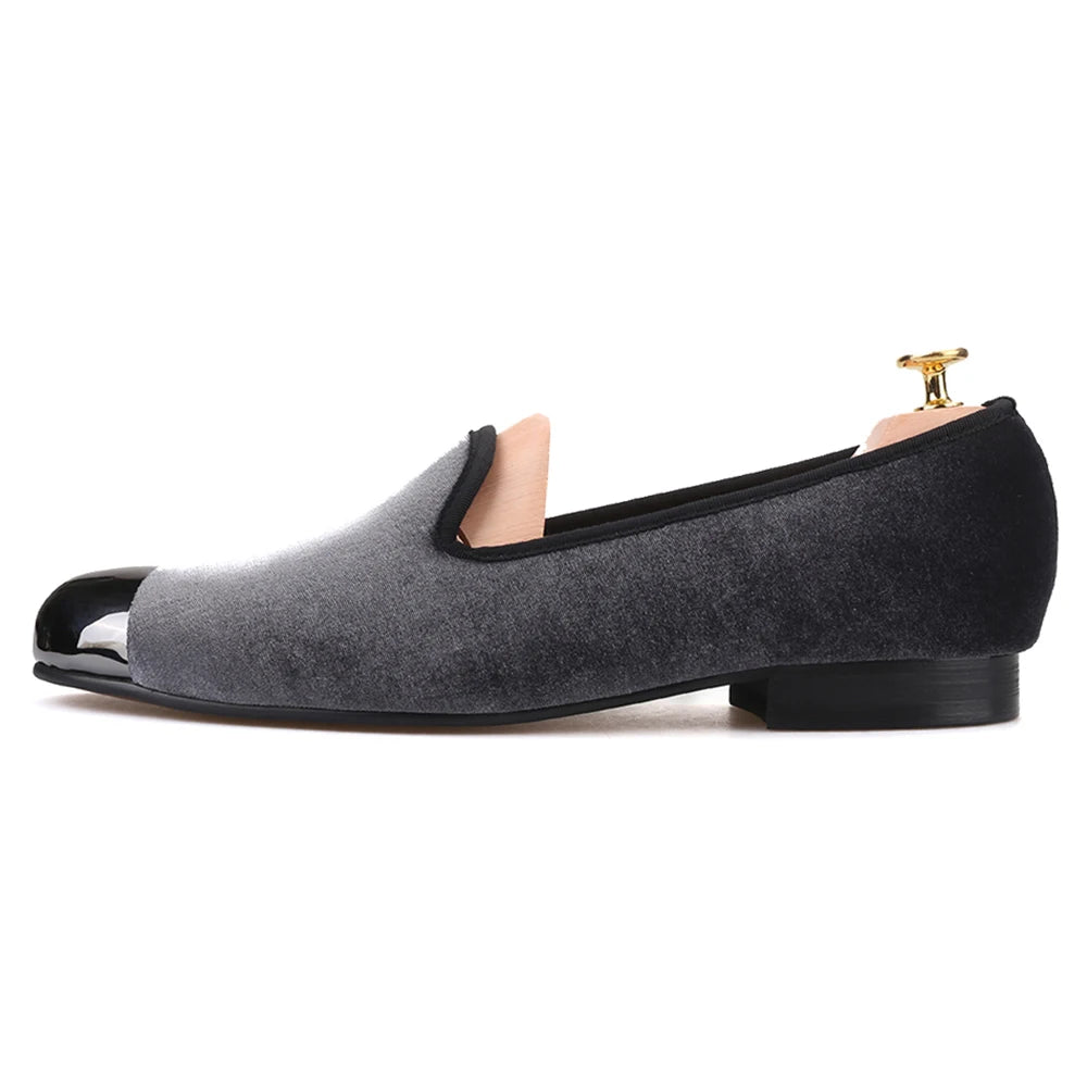 Piergitar gray color men velvet shoes with gun toe metal fashion party and wedding men loafers handmade men's smoking slippers