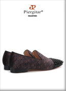 Piergitar 2022 Plaid Design Brown Velvet Men Studded Shoes Handmade Red Bottom Men's Loafers For Party And Banquet Plus Size