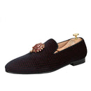 Top Quality Red and Black Velvet Loafers Man Moccasins With Gold Metal Rhinestone Buckles For Wedding And Party