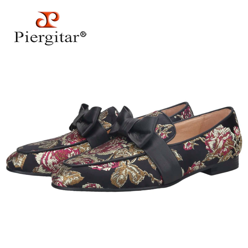 Piergitar 2021 New Style Floral Printed Silk Men Moccasin Handmade Leather Butterfly-Knot Men's Loafers Plus Size Man Flat Shoes