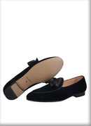 High Quality Men's Smoking Loafers in British Classic Style with Handmade Leather Bow Tie, Black Velvet Moccasin