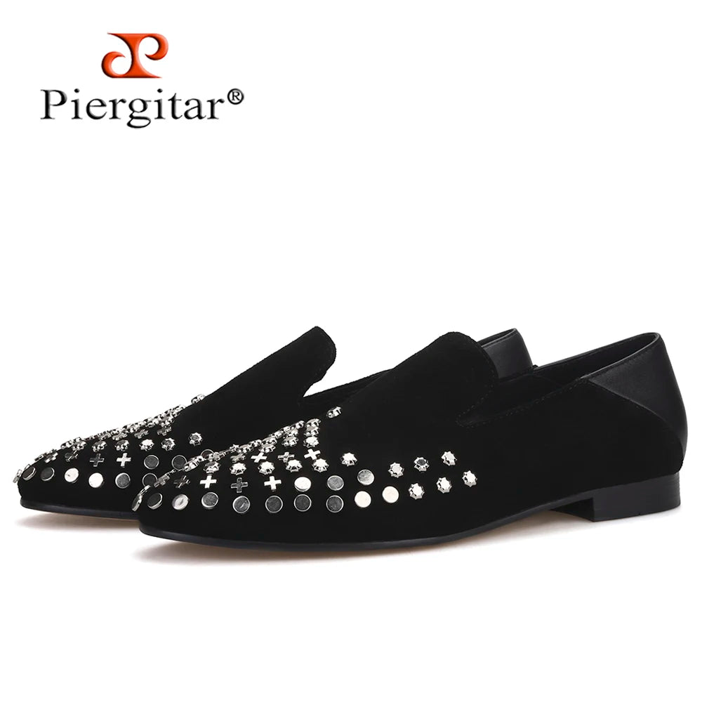 Piergitar handmade black cow leather men metal button smoking slippers fashion men's loafers for wendding and prom plus size