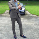 Men's canvas smoking slippers with leather tassel and two colors.