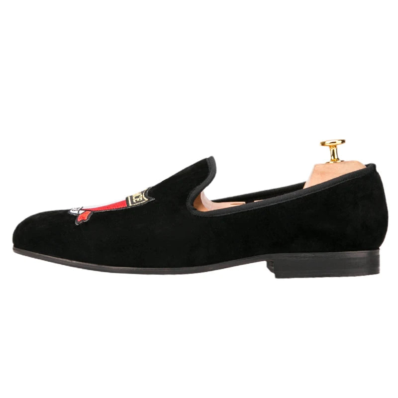 Piergitar Handmade Embroidery Of Four Powerful Football Countries Black Velvet Men Loafers Genuine Leather InSoles And Outsoles
