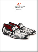 Piergitar 2019 New black and white cotton fabric men loafers retro style handmade men smoking slippers plus size male's flats