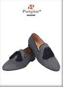 Piergitar New Gray Silver Glitter Fabric Men Moccasin Handmade Tassel Men's Loafers Classic British Style Smoking Slippers