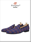 Piergitar 2021 New Handmade Scottish Plaid Men Fabric Shoes Men casual Loafers Plus Size Classic Smoking Slippers Flats
