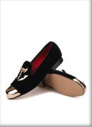 British style men's loafers with gold toes and a skull buckle, black velvet men's shoes.