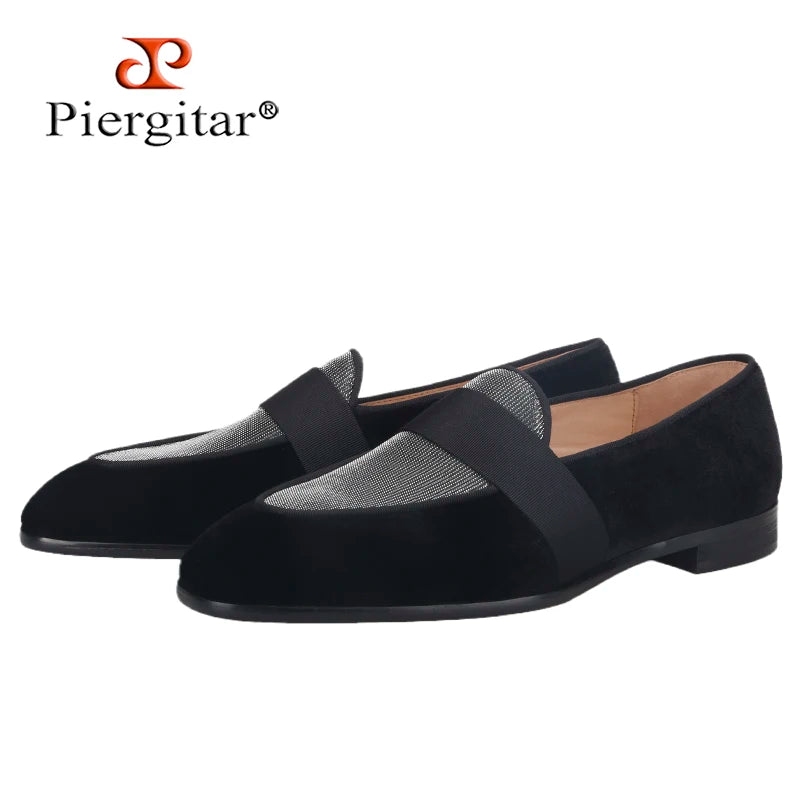 Piergitar 2021 New Style Black Velvet Men Moccasin Handmade Riband Men's Loafers Red Color Bottom Man Flats Shoes Plus Size
