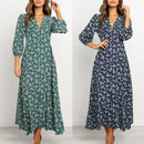 Women's Summer Bohemian Floral Print Long Maxi Dress Retro 3/4 Sleeve V-Neck Button Down High Waist Sundress Streetwear