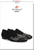 Piergitar handmade black cow leather men metal button smoking slippers fashion men's loafers for wendding and prom plus size