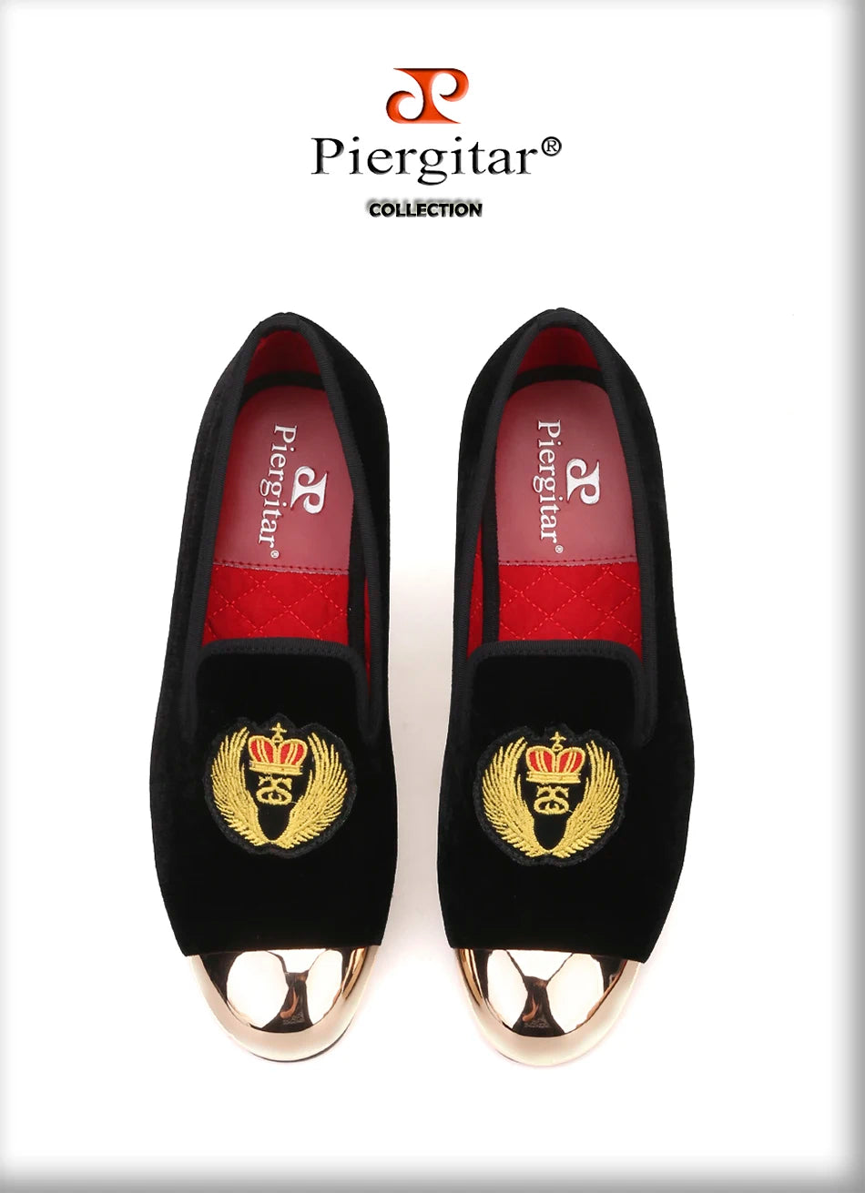 Piergitar 2019 New Style Men Velvet Shoes Metal toe with handwork embroidery Smoking Slipper Men's Flats shoes plus size
