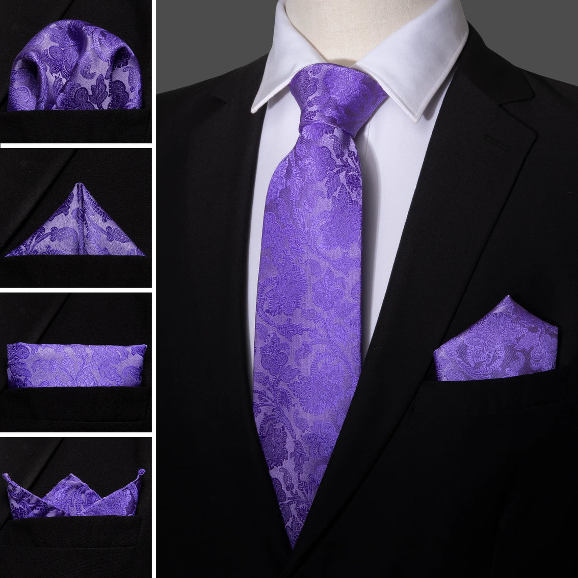 Fashion Silk Purple Solid Mens Wedding Tie Hanky Set Barry.Wang Designer Paisley Floral Neckties For Mens Gift Party Groom