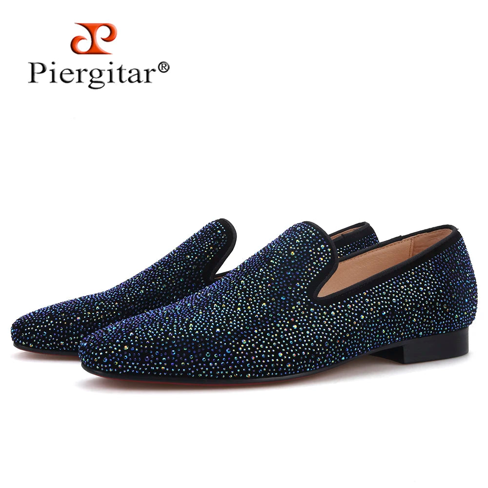 Piergitar 2020 men leather shoes with mixed colors rhinestones prom and banquet men casual loafers luxurious smoking slippers
