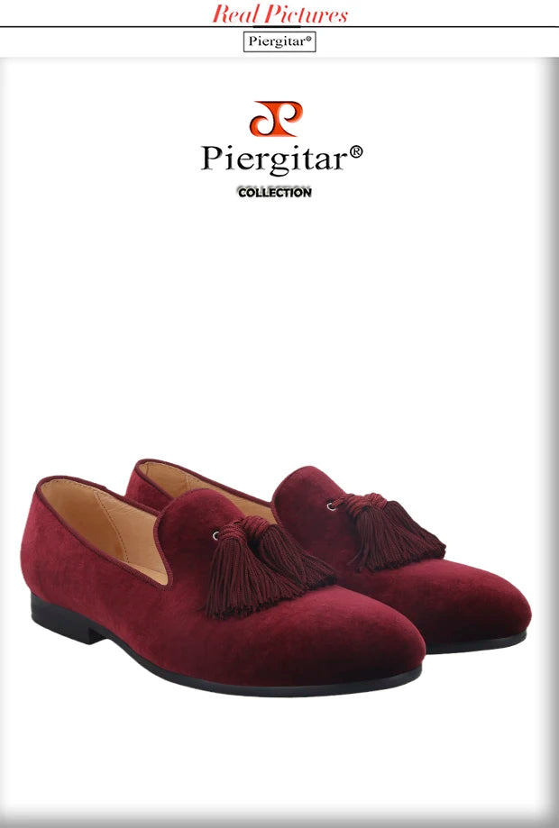 Piergitar 2019 New dark red colors velvet men tassel shoes Wedding men loafers handmade men's casual shoes smoking slippers
