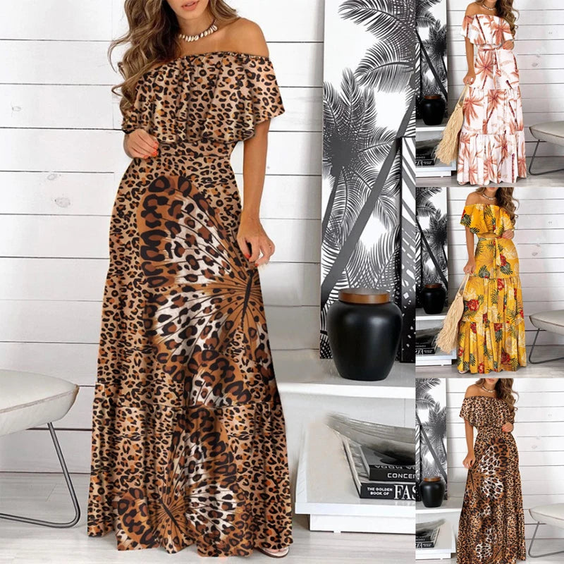 Women's Print Ruffle Maxi Sundress Dress