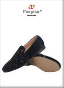 Piergitar 2021 Black Velvet Gold Dot Print Moccasin Handmade Men's Loafers British Classic Style Smoking Slippers Plus Size