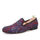 Men's smoking slippers and party shoes with cashew flowers on velvet in plus size.