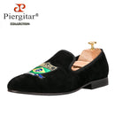 Piergitar Handmade Embroidery Of Four Powerful Football Countries Black Velvet Men Loafers Genuine Leather InSoles And Outsoles
