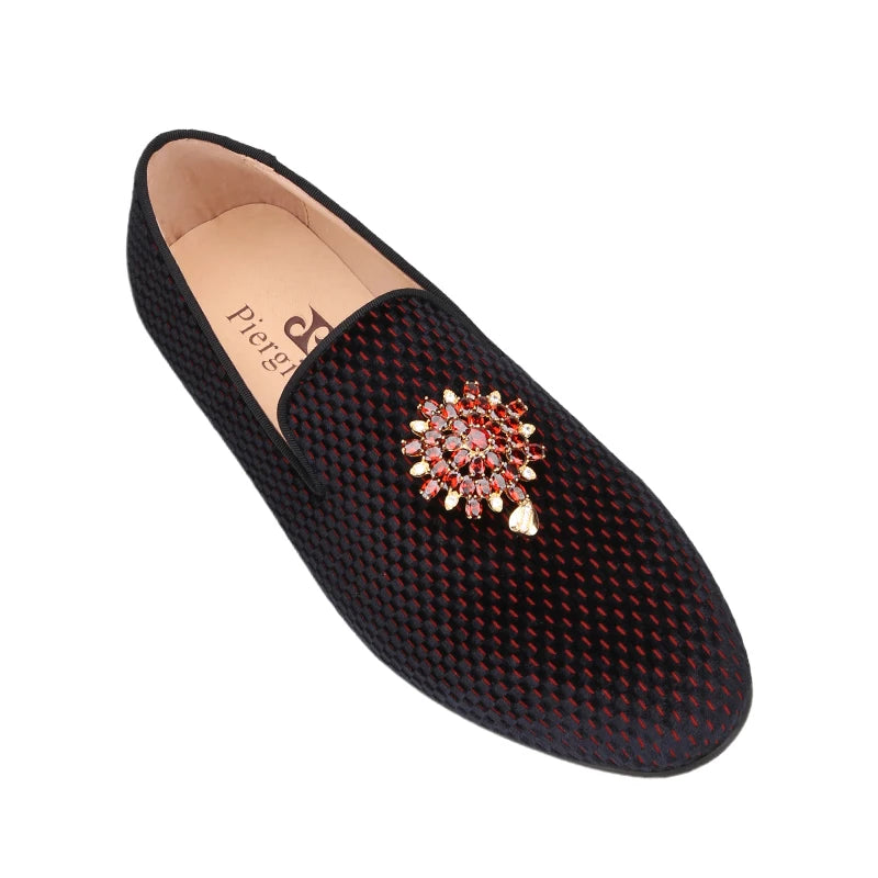Top Quality Red and Black Velvet Loafers Man Moccasins With Gold Metal Rhinestone Buckles For Wedding And Party