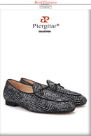 Piergitar handmade grey black knitted fabric men loafers with leather tie classic men's smoking slippers plus size
