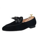 High Quality Men's Smoking Loafers in British Classic Style with Handmade Leather Bow Tie, Black Velvet Moccasin