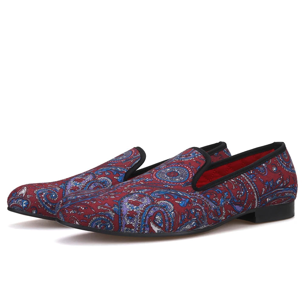 Men's smoking slippers and party shoes with cashew flowers on velvet in plus size.