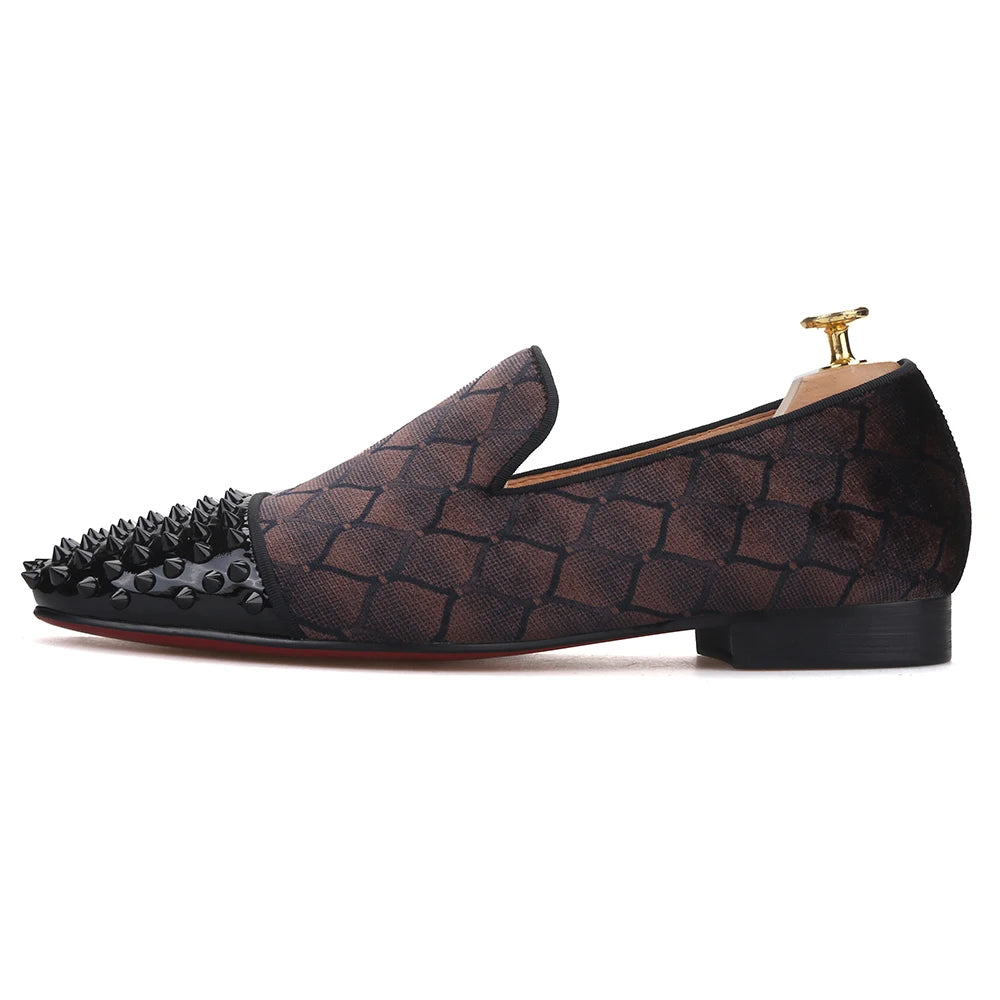 Piergitar 2022 Plaid Design Brown Velvet Men Studded Shoes Handmade Red Bottom Men's Loafers For Party And Banquet Plus Size