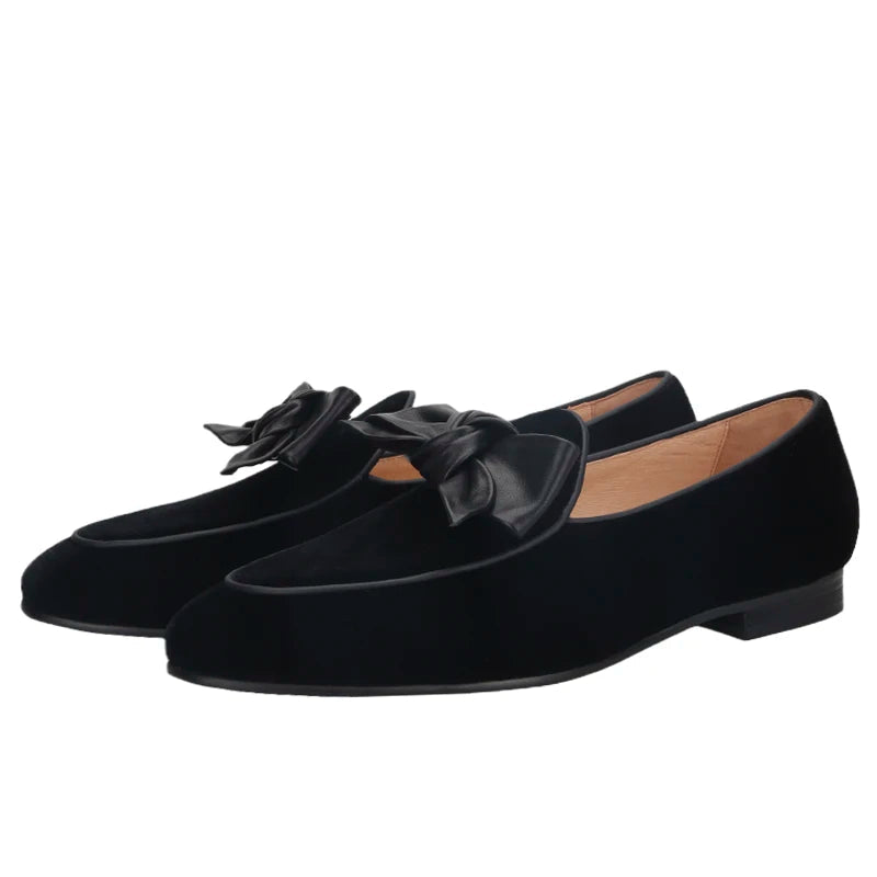 High Quality Men's Smoking Loafers in British Classic Style with Handmade Leather Bow Tie, Black Velvet Moccasin