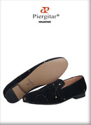Piergitar 2021 Black Velvet Gold Dot Print Moccasin Handmade Men's Loafers British Classic Style Smoking Slippers Plus Size
