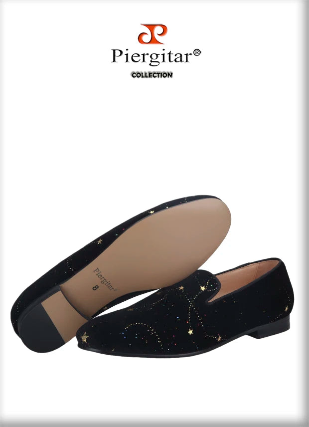 Piergitar 2021 Black Velvet Gold Dot Print Moccasin Handmade Men's Loafers British Classic Style Smoking Slippers Plus Size