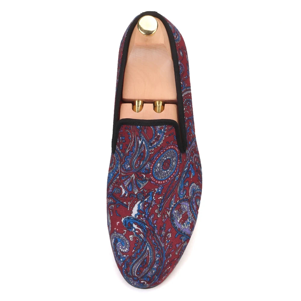 Men's smoking slippers and party shoes with cashew flowers on velvet in plus size.
