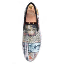 Men's casual shoes with red cotton insoles and a magazine-style graffiti fabric men loafer.