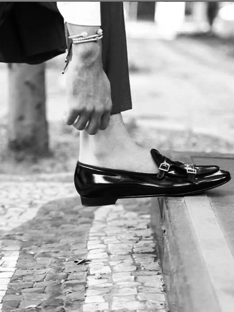 Piergitar 2019 New black Genuine leather men handmade loafers with metal buckle Fashion Party and wedding men dress shoes