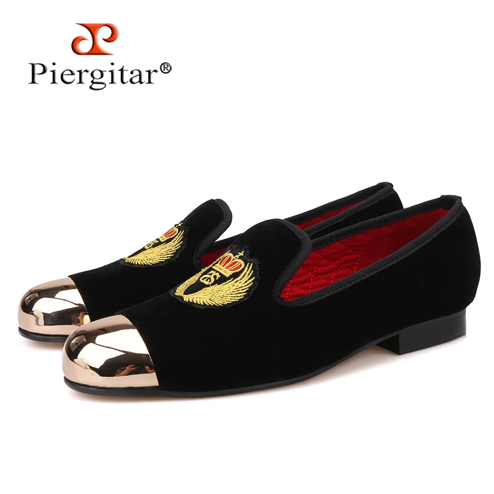 Piergitar 2019 New Style Men Velvet Shoes Metal toe with handwork embroidery Smoking Slipper Men's Flats shoes plus size