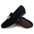 Piergitar leopard metal buckle men velvet shoes fashion party and wedding men loafers handmade men's smoking slippers plus size