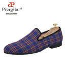 Piergitar 2021 New Handmade Scottish Plaid Men Fabric Shoes Men casual Loafers Plus Size Classic Smoking Slippers Flats