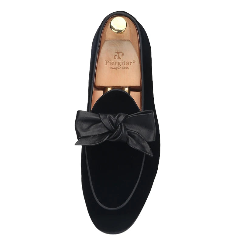 High Quality Men's Smoking Loafers in British Classic Style with Handmade Leather Bow Tie, Black Velvet Moccasin