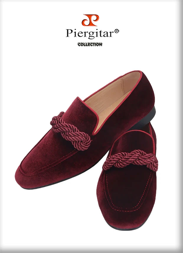 Piergitar 2021 Summer Handmade Men Velvet Loafers With Rope Decorations Italian Design Men Smoking Slippers For Banquet And Prom